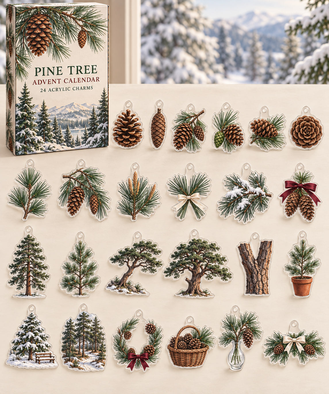 Pine Tree advent calendar with 24 custom-shaped flat acrylic charms and printed dimensional artwork