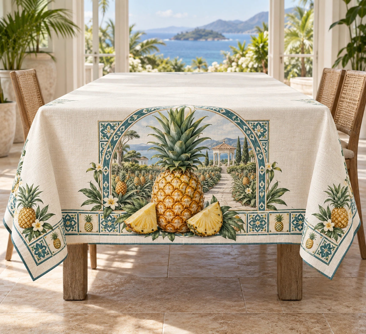 Pineapple Garden Tile Tablecloth with printed dimensional pineapple and garden tile
