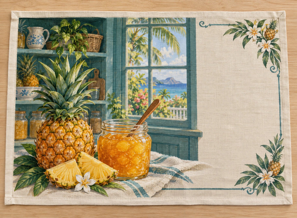 Pineapple Jam Pantry Placemat with flat printed dimensional fruit artwork