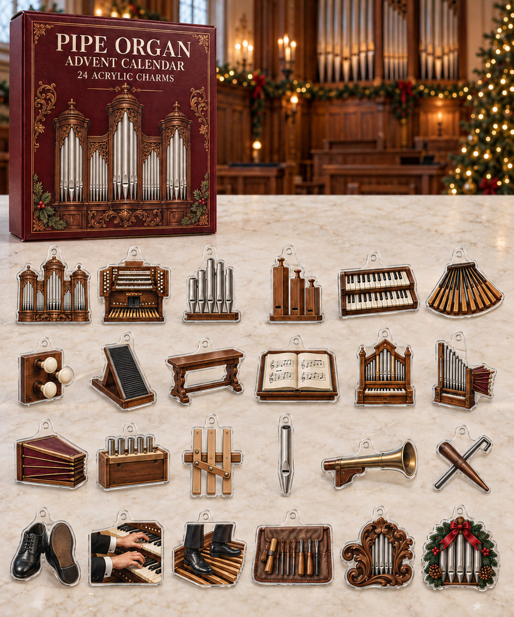 Pipe Organ advent calendar with 24 custom-shaped flat acrylic charms and printed dimensional artwork