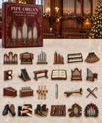 Pipe Organ advent calendar with 24 custom-shaped flat acrylic charms and printed dimensional artwork