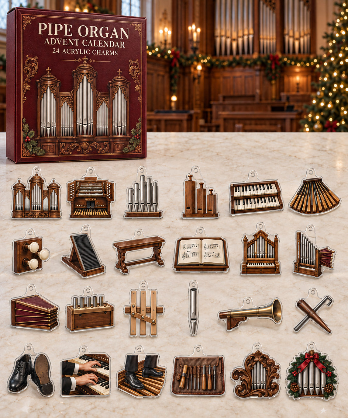 Pipe Organ advent calendar with 24 custom-shaped flat acrylic charms and printed dimensional artwork