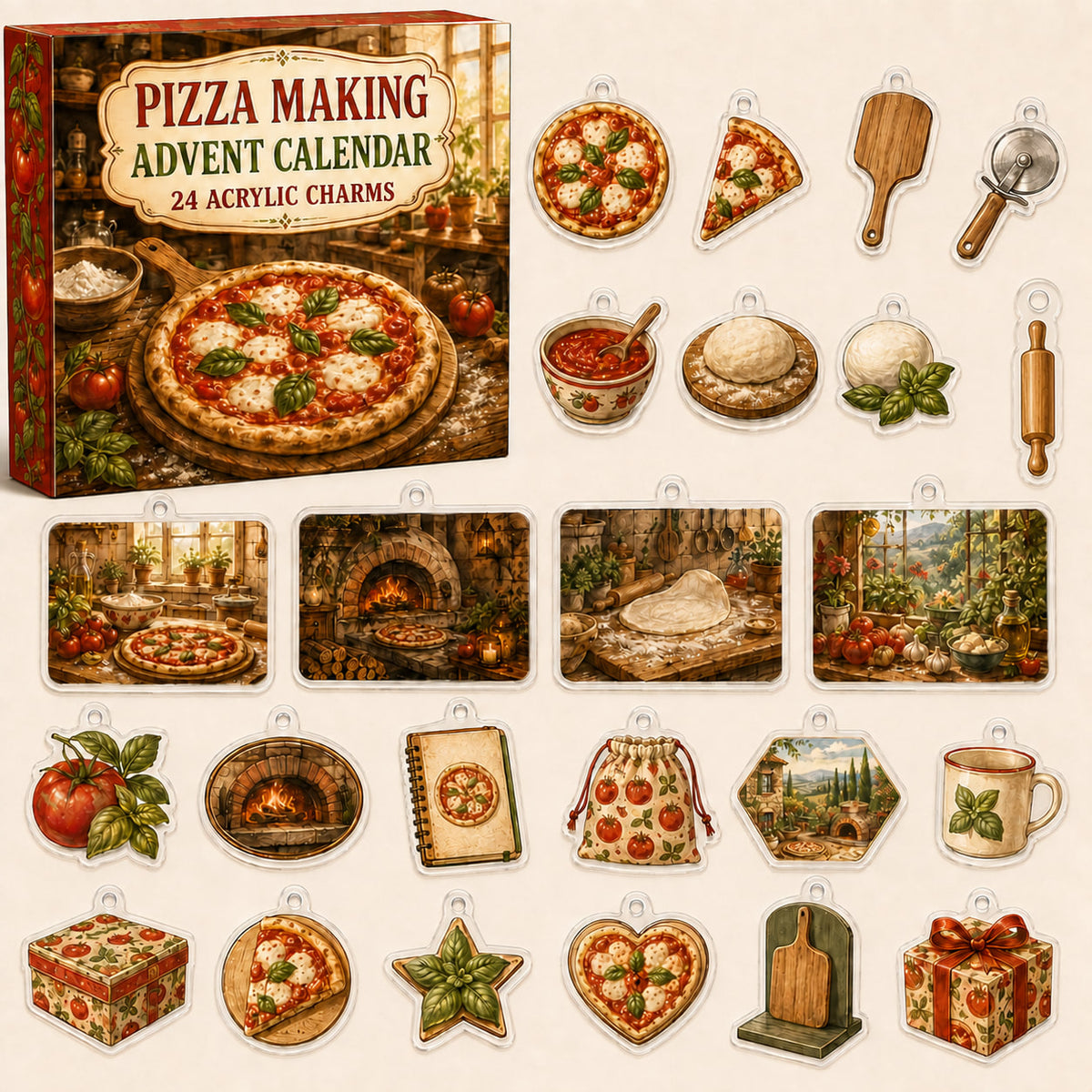 Pizza Making advent calendar box with24 kitchen-themed printed acrylic charms