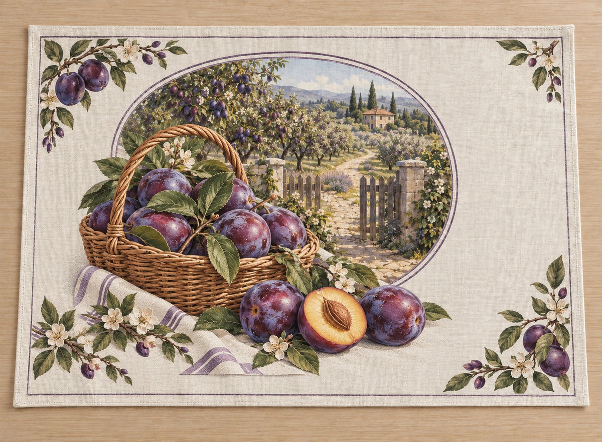 Plum Harvest Basket Placemat with flat printed dimensional fruit artwork