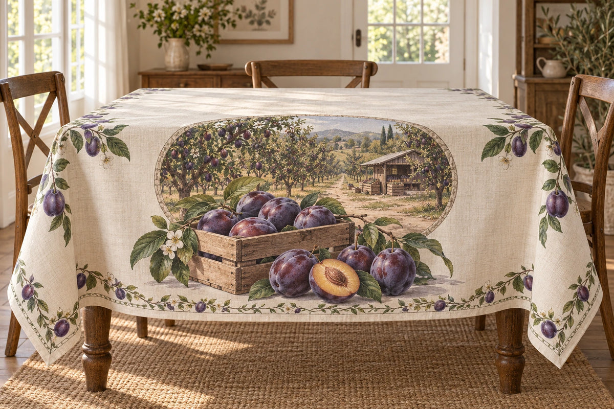 Plum Market Crate Tablecloth with printed dimensional plums and orchard crate
