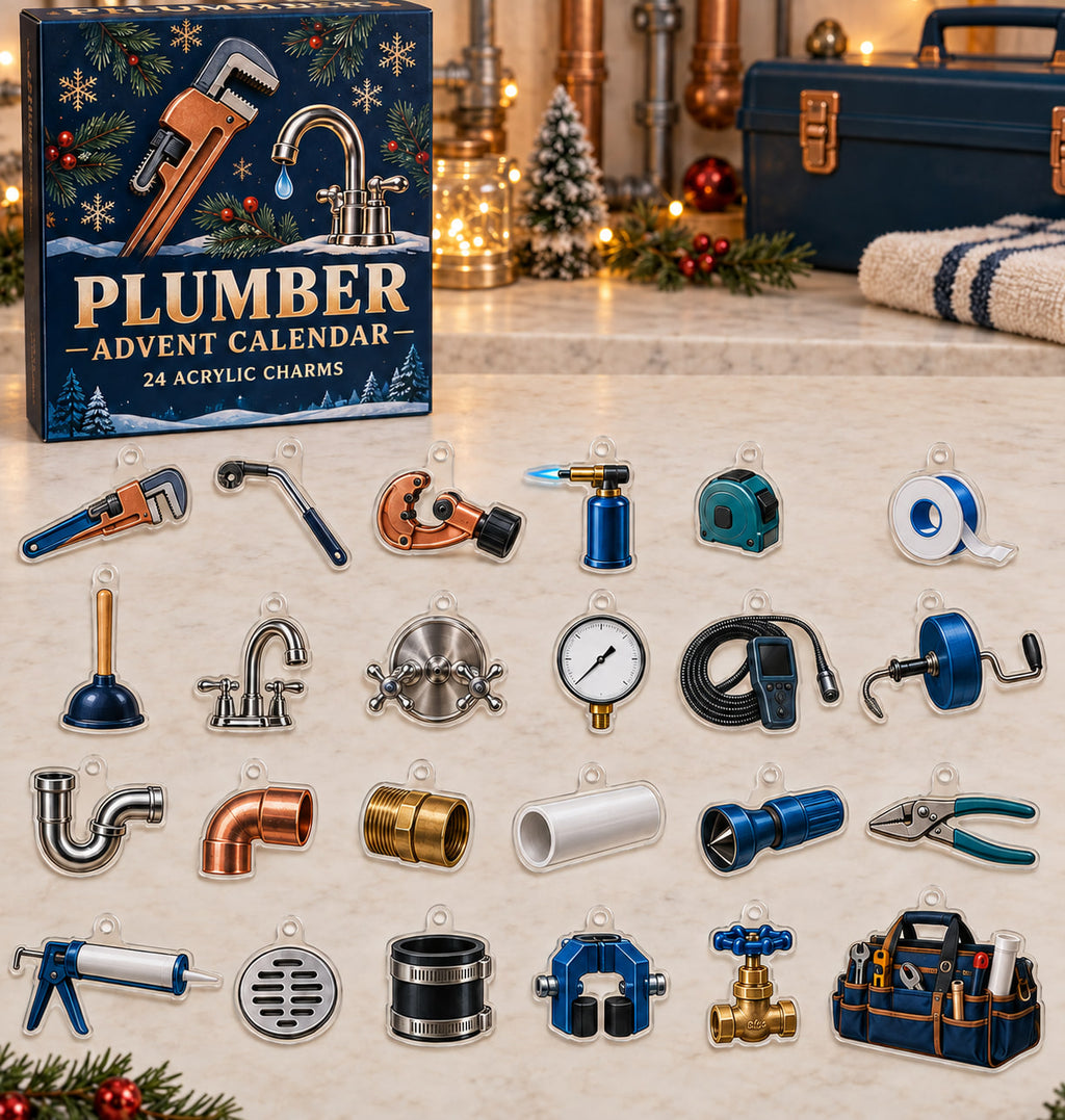 Plumber advent calendar with 24 custom-shaped flat acrylic charms and printed dimensional artwork