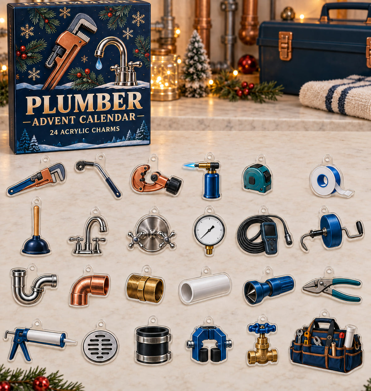 Plumber advent calendar with 24 custom-shaped flat acrylic charms and printed dimensional artwork