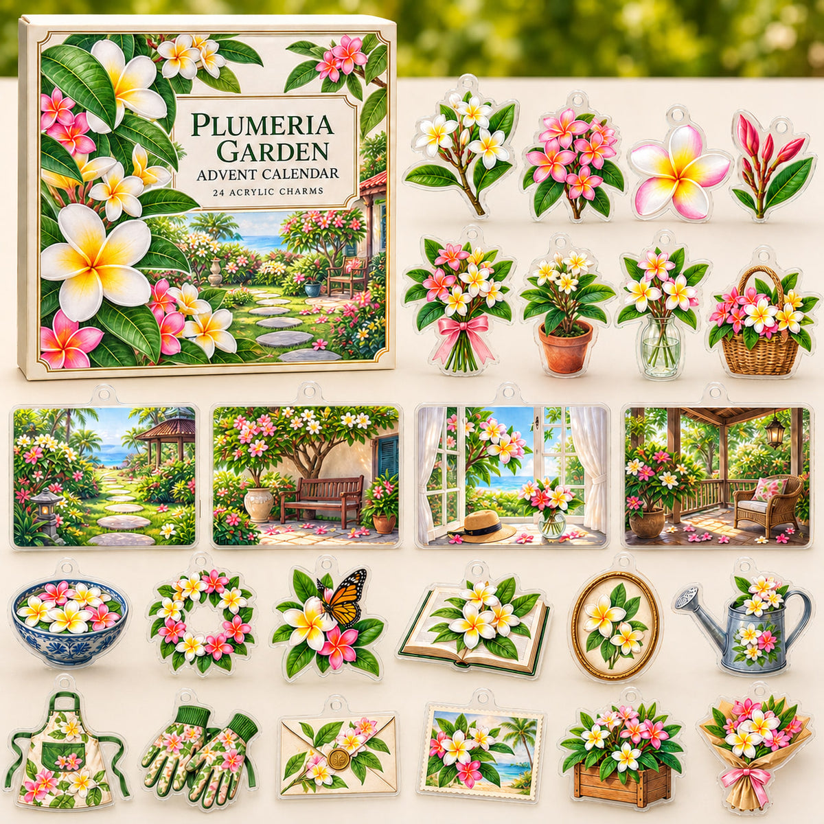 Plumeria advent calendar box with 24 printed acrylic botanical charms