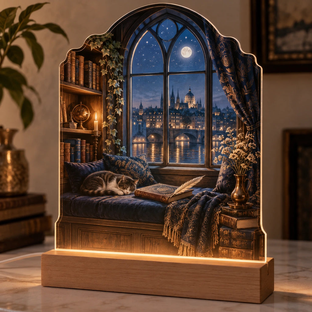 Poetry Reader Window Seat Acrylic Night Light with printed dimensional artwork