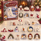 Polar Bear advent calendar box and full set of 24 illustrated acrylic charms on a light tabletop