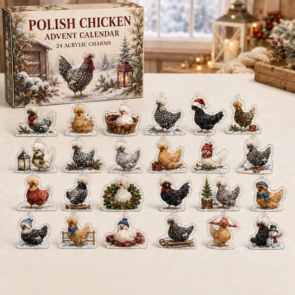 Polish Chicken advent calendar box and full set of 24 illustrated acrylic charms on a light tabletop