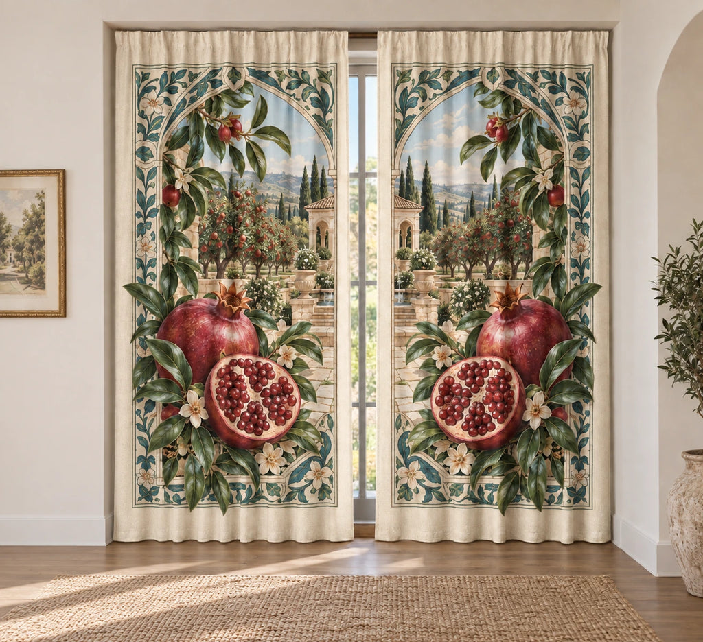 Pomegranate Garden Tile Window Curtain Pair with flat printed pomegranates and terraced garden depth