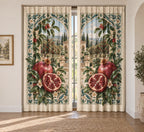 Pomegranate Garden Tile Window Curtain Pair with flat printed pomegranates and terraced garden depth