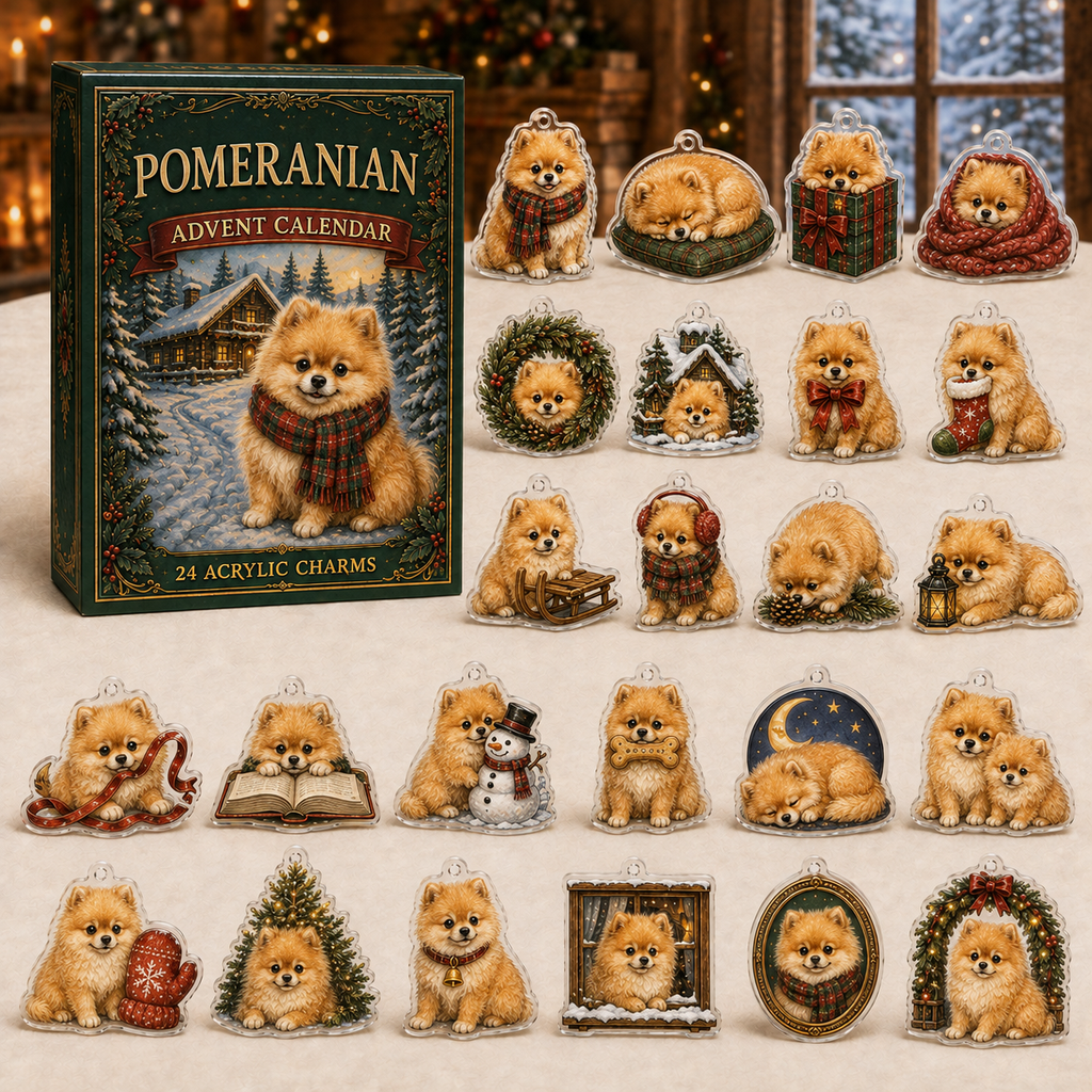 Pomeranian advent calendar box and full set of 24 illustrated acrylic charms on a light tabletop