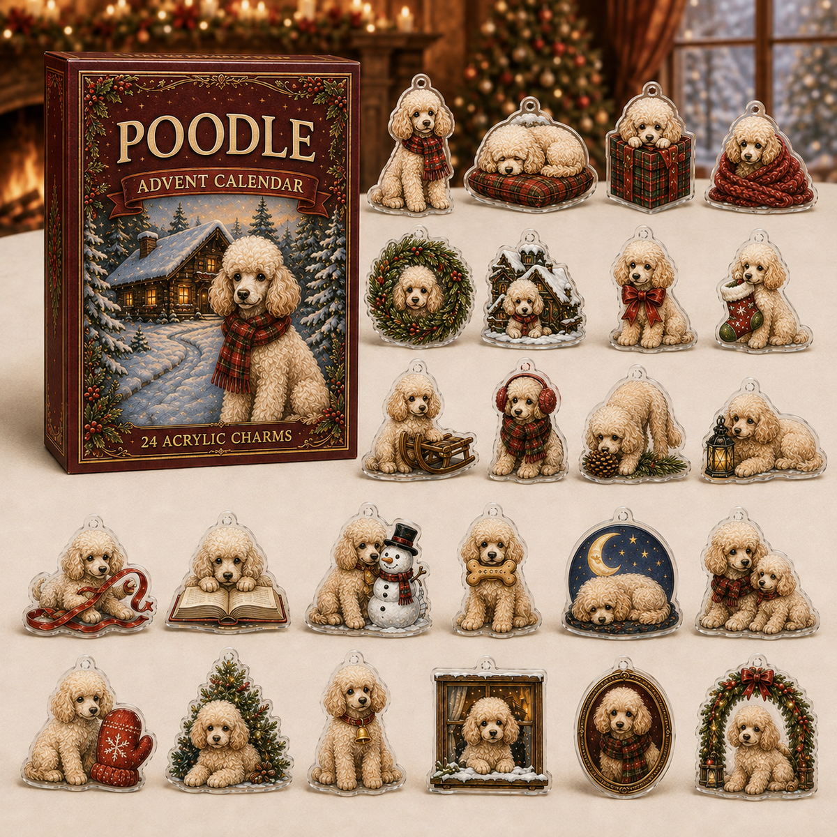Poodle advent calendar box and full set of 24 illustrated acrylic charms on a light tabletop
