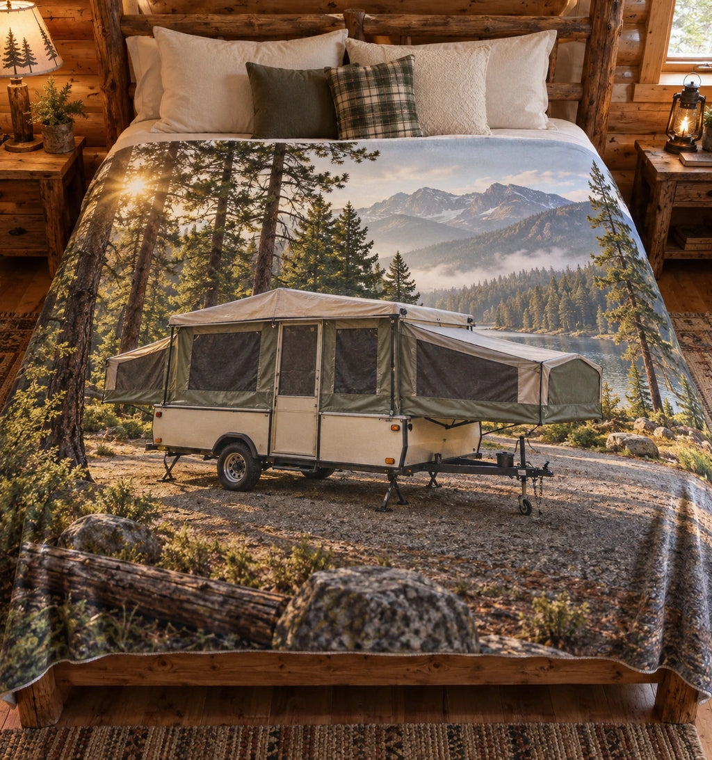 Pop-up camper in woodland campsite, flat printed optical-depth fleece blanket.
