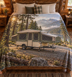 Pop-up camper in woodland campsite, flat printed optical-depth fleece blanket.