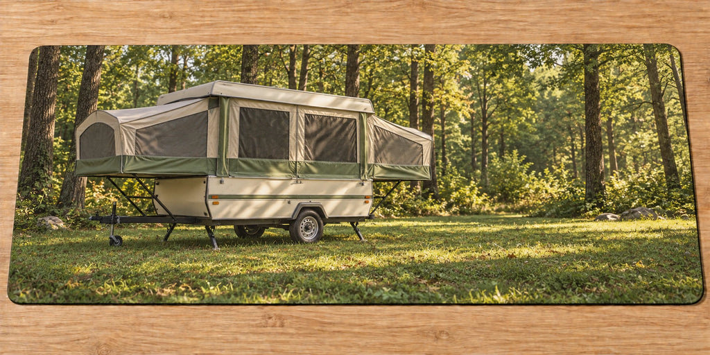 Pop-up Camper Woodland Weekend Desk Mat with printed folding-trailer and canvas depth