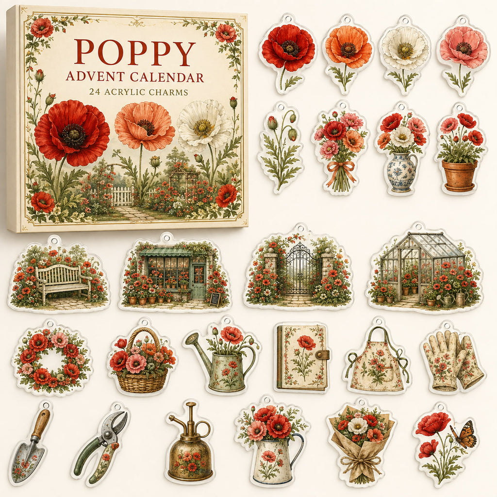 Poppy advent calendar box and24 printed acrylic floral charms