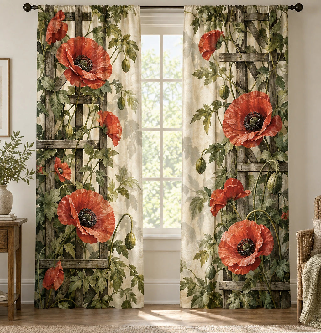 Poppy Garden Trellis Window Curtains with printed dimensional artwork