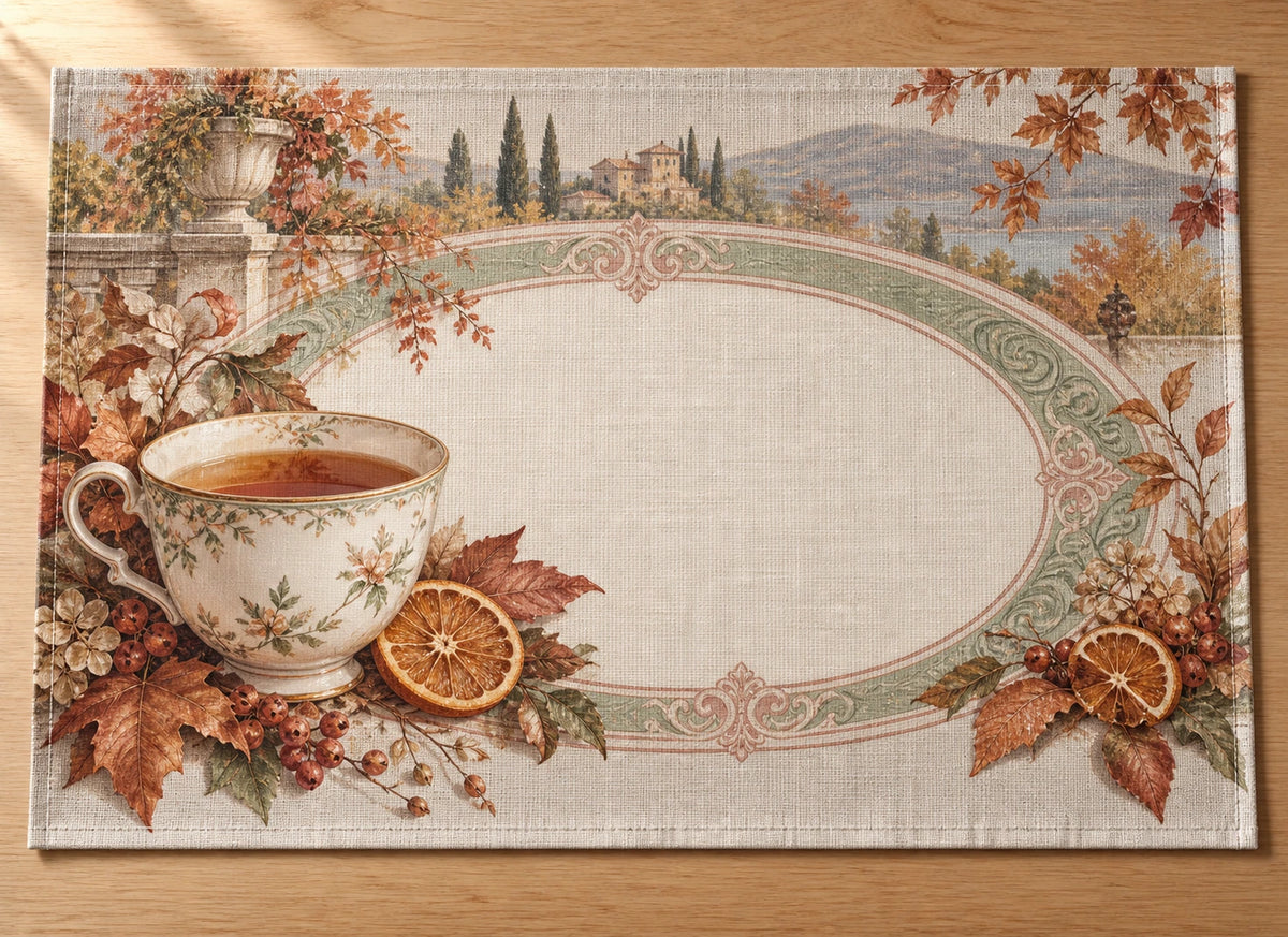 Porcelain Teacup Autumn Placemat with flat printed dimensional tea artwork