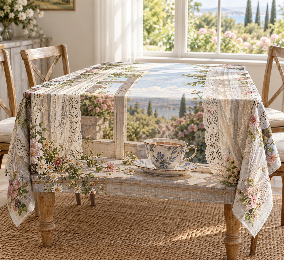 Porcelain Teacup Window Pause Tablecloth with printed dimensional artwork