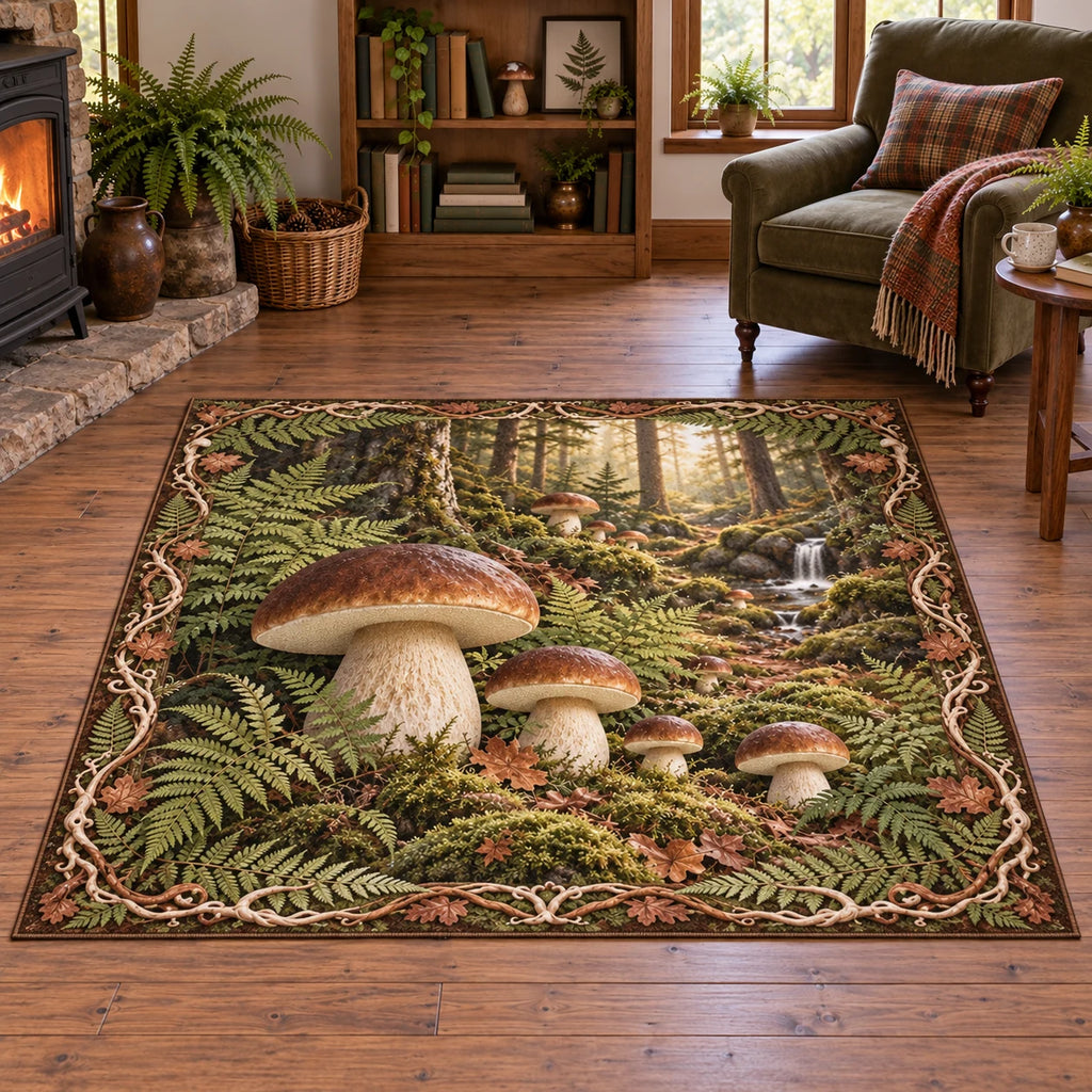 Porcini mushroom area rug with brown caps, pale stems, ferns and a receding forest scene in a rustic cottage.