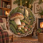 Porcini mushroom christmas ornament with brown caps, pale stems, ferns and a receding forest scene in a rustic cottage.