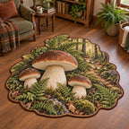 Porcini mushroom custom shape area rug with brown caps, pale stems, ferns and a receding forest scene in a rustic cottage.