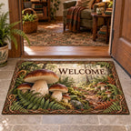 Porcini mushroom doormat with brown caps, pale stems, ferns and a receding forest scene in a rustic cottage.