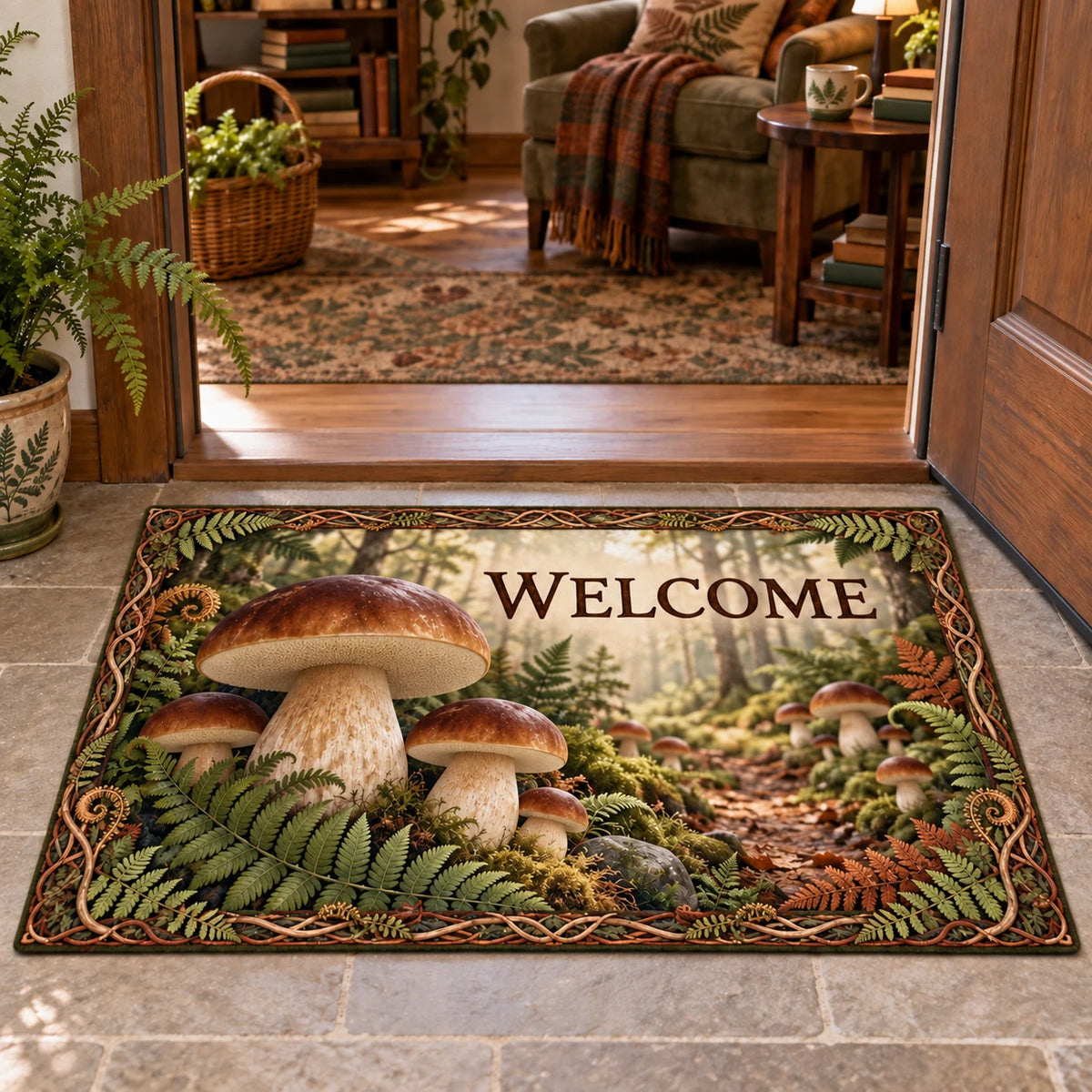 Porcini mushroom doormat with brown caps, pale stems, ferns and a receding forest scene in a rustic cottage.