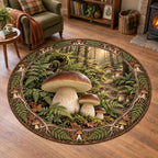 Porcini mushroom round mat rug with brown caps, pale stems, ferns and a receding forest scene in a rustic cottage.