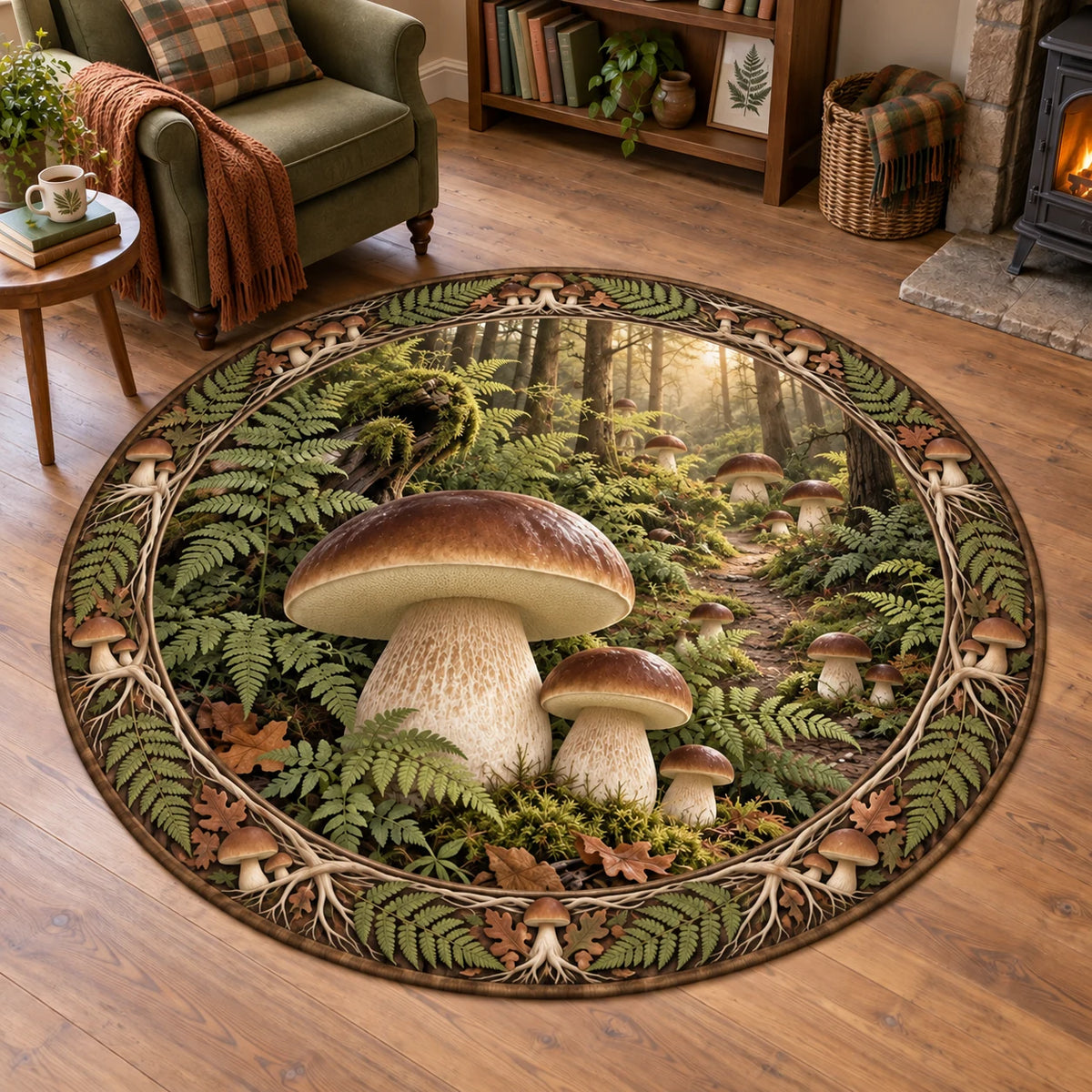 Porcini mushroom round mat rug with brown caps, pale stems, ferns and a receding forest scene in a rustic cottage.