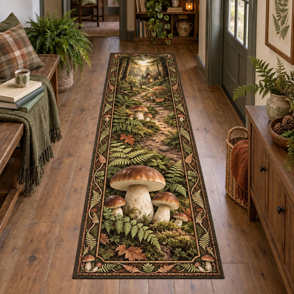 Porcini mushroom runner rug with brown caps, pale stems, ferns and a receding forest scene in a rustic cottage.