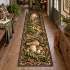 Porcini mushroom runner rug with brown caps, pale stems, ferns and a receding forest scene in a rustic cottage.