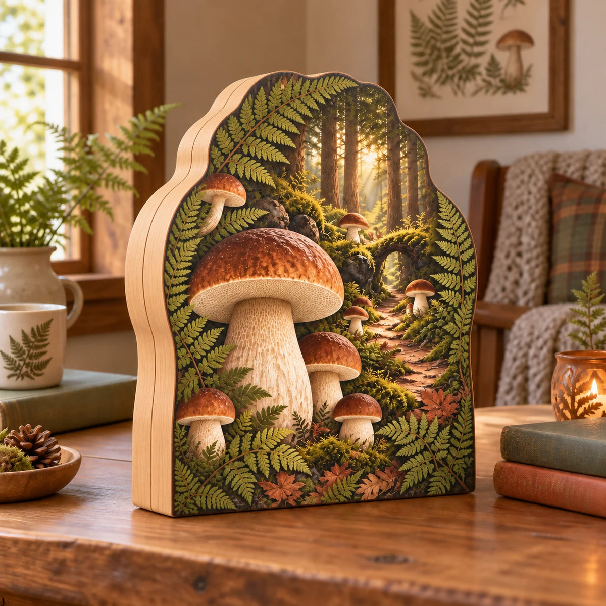 Porcini mushroom wooden block 3 layer with brown caps, pale stems, ferns and a receding forest scene in a rustic cottage.