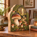 Porcini mushroom wooden block 3 layer with brown caps, pale stems, ferns and a receding forest scene in a rustic cottage.