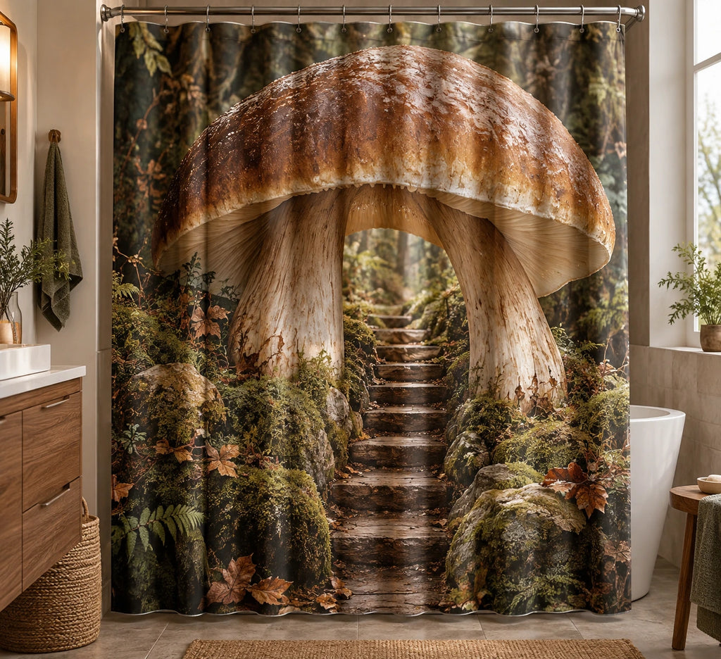 Porcini Moss Stairway Shower Curtain with printed dimensional artwork