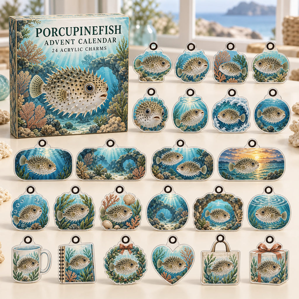 Porcupinefish advent calendar box with 24 themed flat printed acrylic charms