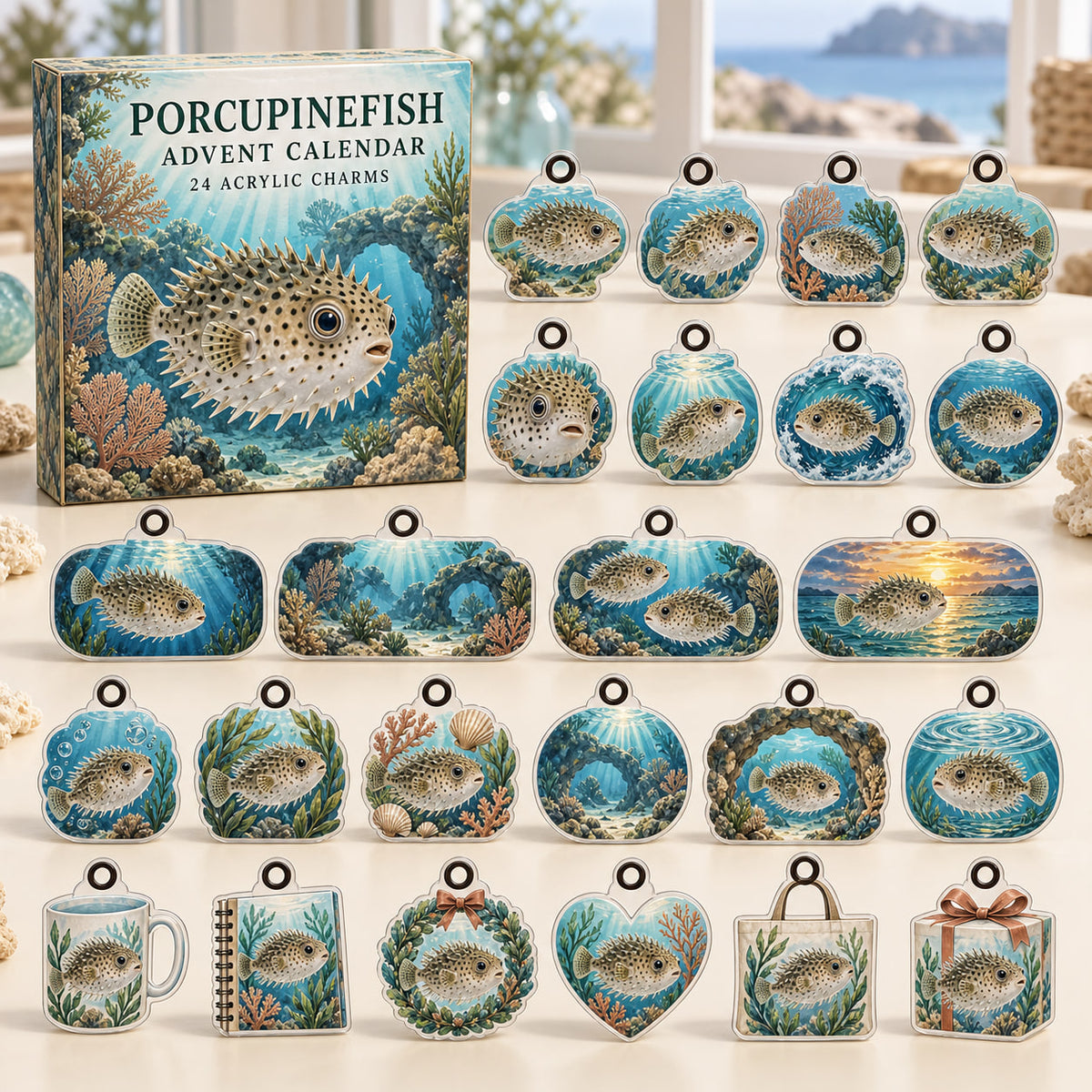 Porcupinefish advent calendar box with 24 themed flat printed acrylic charms
