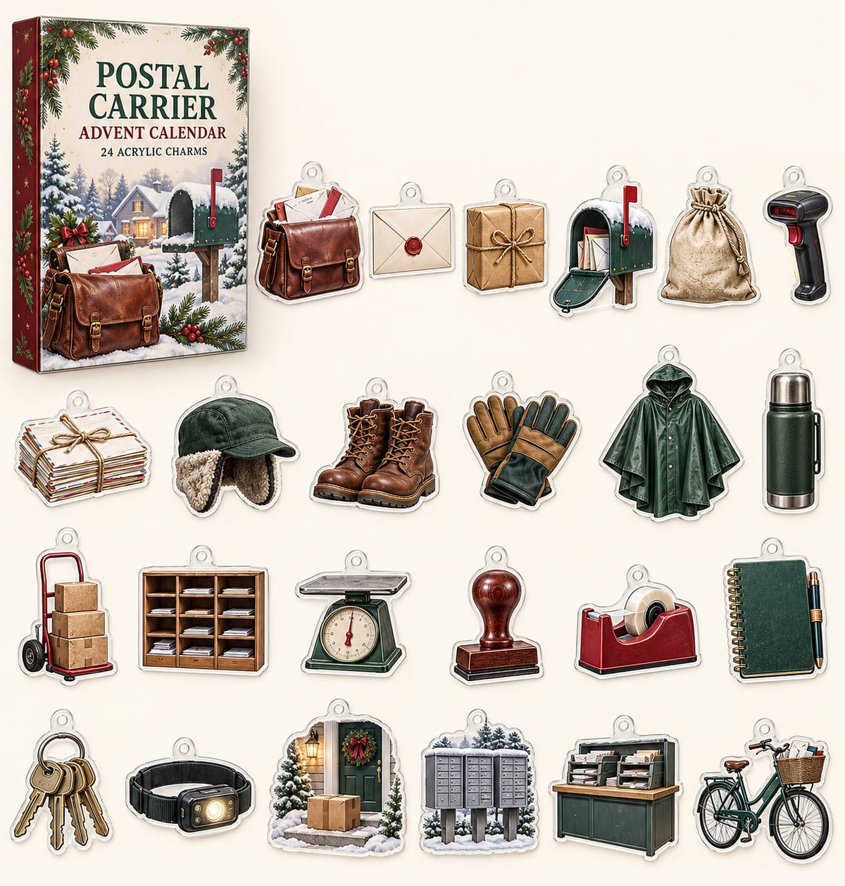 Postal carrier advent calendar with24 custom-shaped flat acrylic charms and printed dimensional artwork