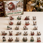 Pot-Bellied Pig advent calendar box and full set of 24 illustrated acrylic charms on a light tabletop