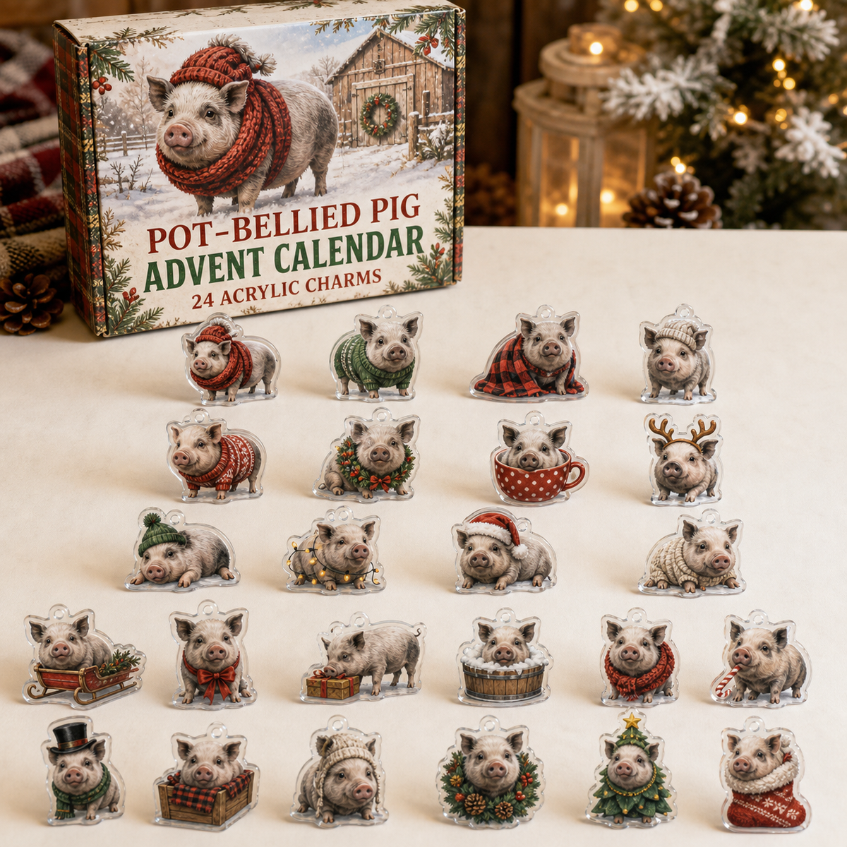 Pot-Bellied Pig advent calendar box and full set of 24 illustrated acrylic charms on a light tabletop