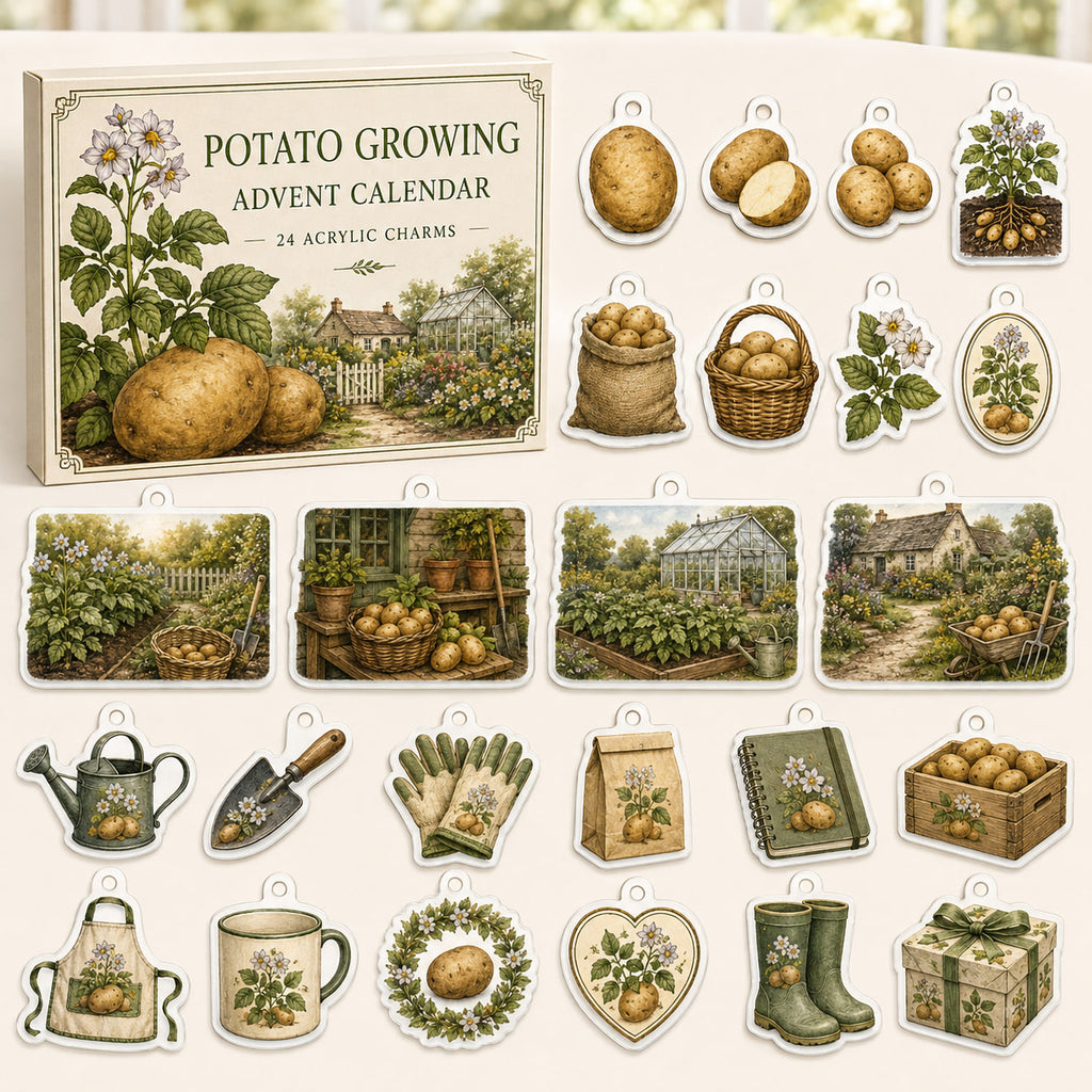Potato Growing advent calendar box with 24 themed printed acrylic charms