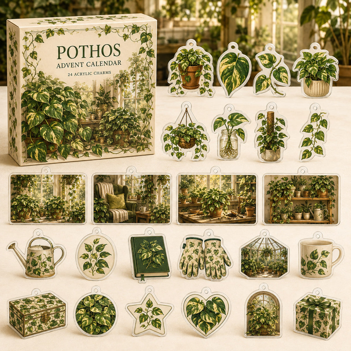 Pothos advent calendar box and 24 trailing-plant-themed printed acrylic charms