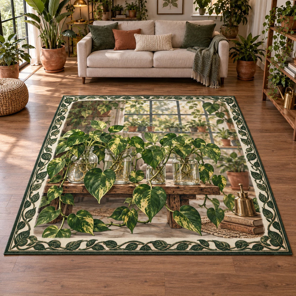Pothos propagation shelf area rug with trailing heart-shaped leaves, rooted water jars and a matching plant-filled room
