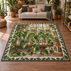Pothos propagation shelf area rug with trailing heart-shaped leaves, rooted water jars and a matching plant-filled room