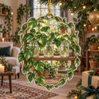 Pothos propagation shelf christmas ornament with trailing heart-shaped leaves, rooted water jars and a matching plant-filled room