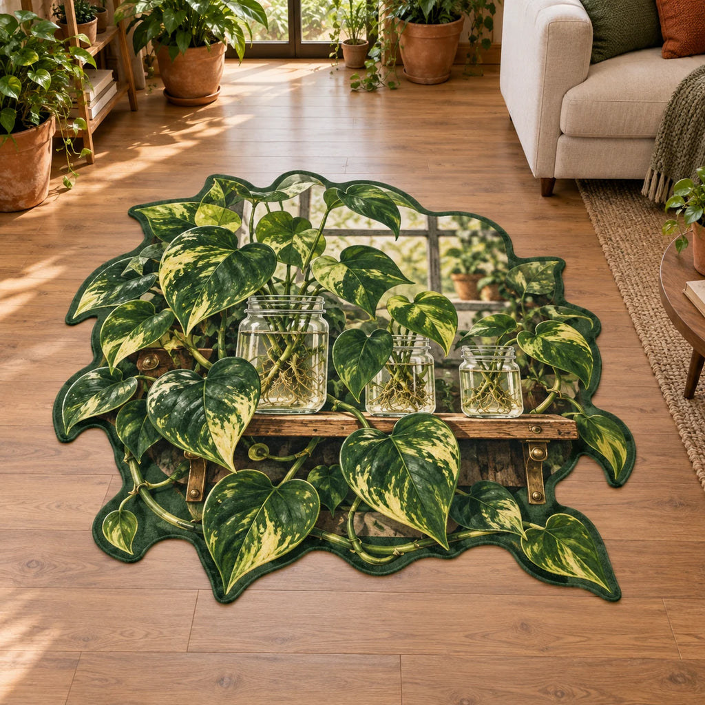 Pothos propagation shelf custom shape area rug with trailing heart-shaped leaves, rooted water jars and a matching plant-filled room