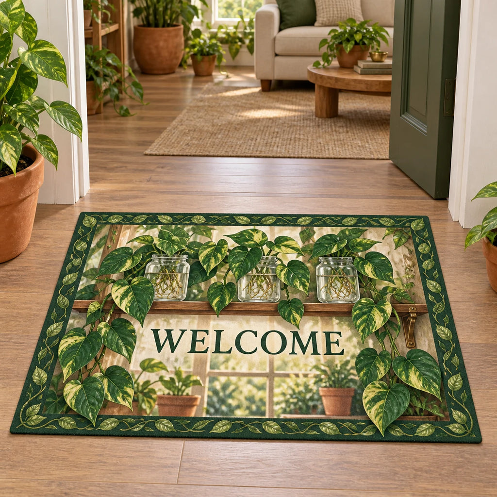 Pothos propagation shelf doormat with trailing heart-shaped leaves, rooted water jars and a matching plant-filled room